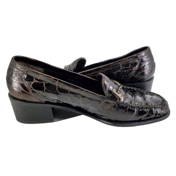 Stuart Weitzman Croc Embossed Patent Leather Brown Low Heel Loafers Womens 7M - Picture 8 of 11